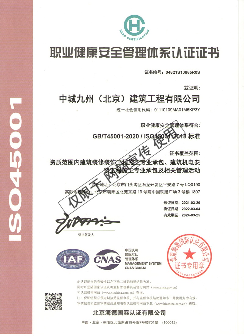 职业健康安全管理系统认证证书中文版